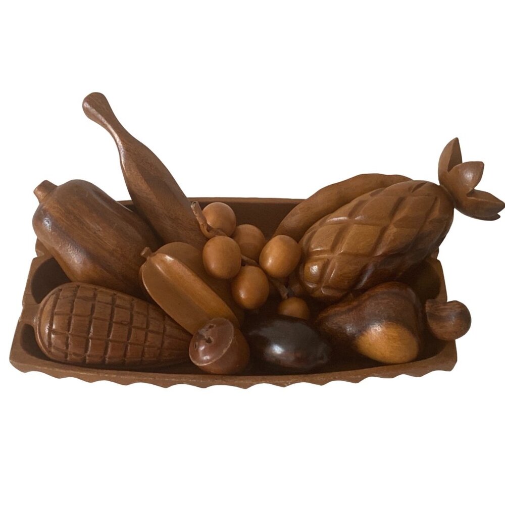 VTG Monkey Pod Wood Tray Hand Carved Fruit  Vegetable Philippines 11pcs